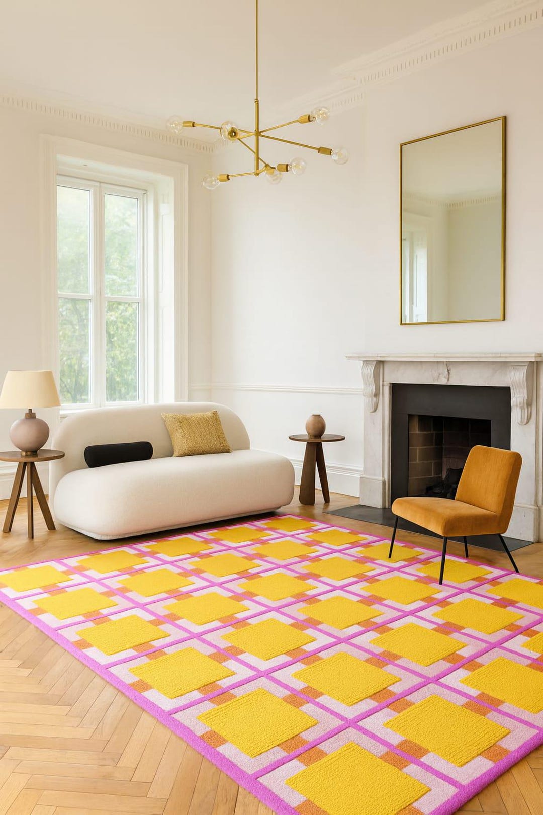 Modern Geometric Yellow Pink Rug | Handmade Wool Area Carpet | Colorful ...