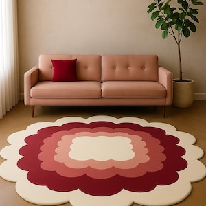 Scalloped Flower Rug in Burgundy, Blush & Cream Aesthetic Tufted Area Rug for Living Room or Bedroom Decorm
