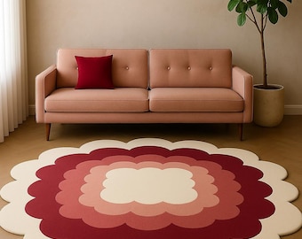 Handmade Woolen Scalloped Flower Rug: Burgundy, Blush & Cream