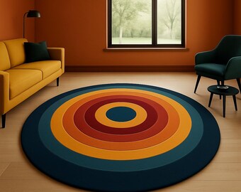 Può includere: Un tappeto rotondo con cerchi concentrici nei toni del blu, arancione e rosso. Il tappeto è su un pavimento in legno in una stanza con un divano giallo e una poltrona verde scuro. Il design del tappeto è retrò.