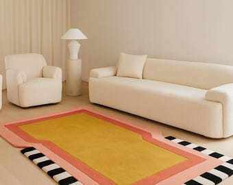 Modern Geometric Handmade Wool Rug | Mustard Yellow and Coral Pink Abstract Carpet | Hand Tufted Art Decor Rug for Living Room and Bedroom