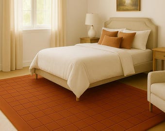 Terracotta Burnt Orange Grid Rug | Modern Minimalist Living Room Carpet | Handmade Soft Wool Area  RUG Christmas Home Decor