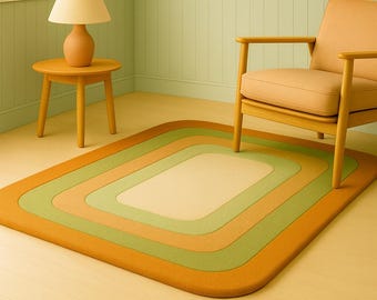 Geometric Wool Area Rug: Retro Mid-Century Modern Orange & Green