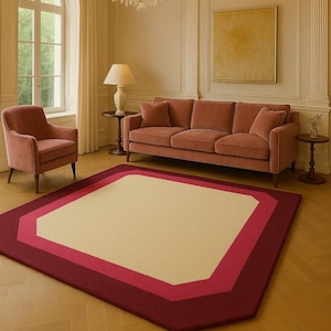 Modern Geometric Scalloped Rug Cream, Rose  Burgundy | Soft Area Carpet for Living Room & Bedroom Decor Cream Center with Rose Pink