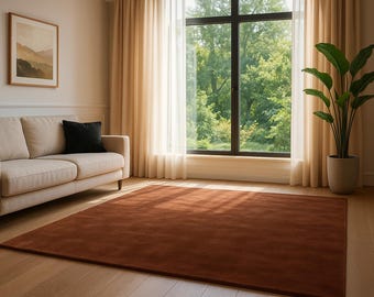 Handmade Rust Brown Tufted Area Rug: Minimalist Earth Tone Carpet Handmade Wool Rug ,Perfect for Christmas and Festive Gift