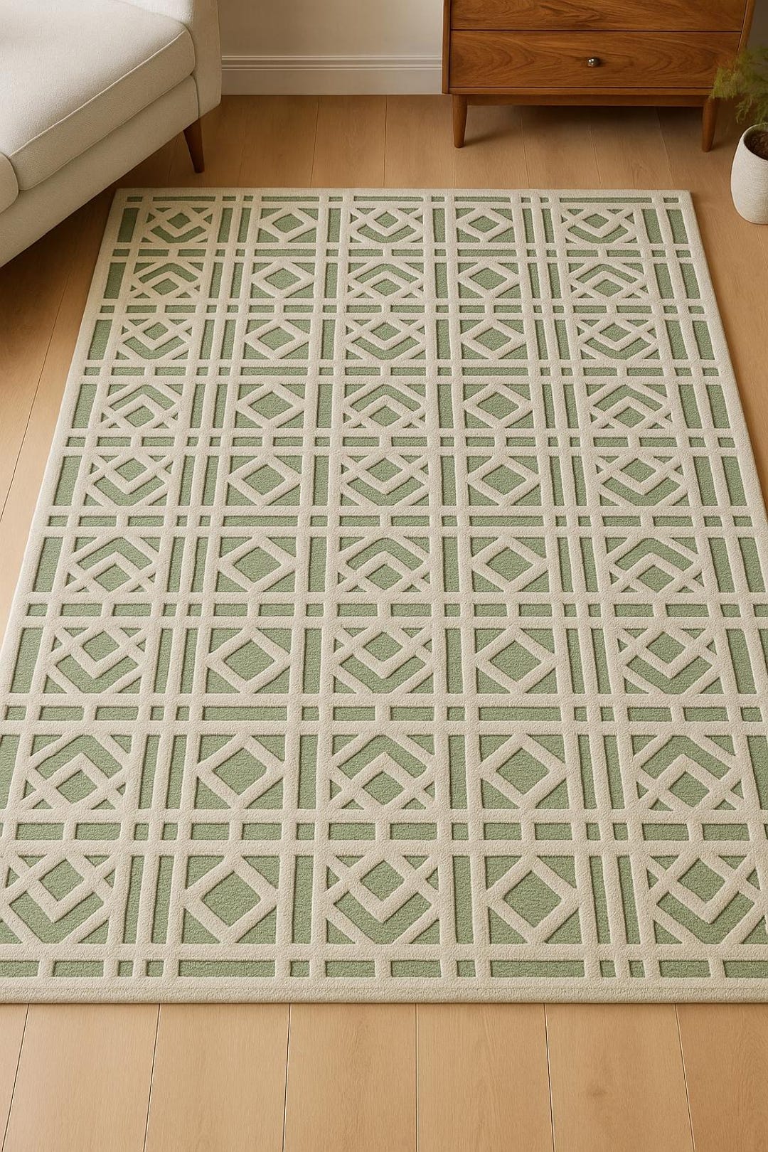 Modern Sage Green Geometric Tufted Rug – Soft Beige Lattice Design ...