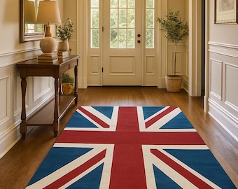 Union Jack British Flag Rug | Red Blue White Area Carpet | Modern Patriotic Decor | Handmade Living Room Rug | Christmas Gift Idea