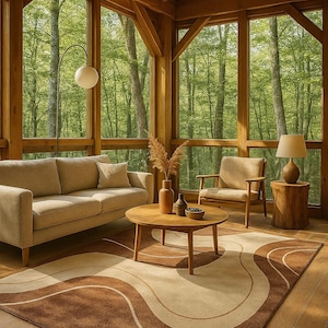 ミッドセンチュリーモダンオーバルラグ：バーントオレンジの幾何学模様