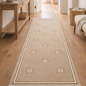 May include: Beige rectangular runner rug with a repeating starburst pattern. The rug has a cream border with a brown trim and fringe on the short ends. Suitable for a hallway or entryway.