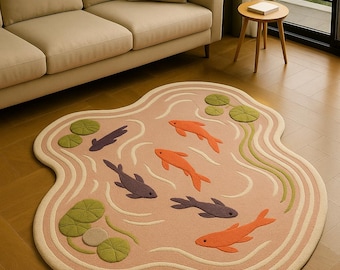 Fish Pond Shaped Kids Rug, Handmade Tufted Nursery Rug, Cute Animal Playroom Carpet, Modern Bedroom Floor Mat, Soft Wool Area Rug