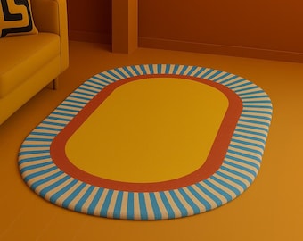 Retro Oval Tufted Wool Rug: Mustard Yellow, Blue & Cream - Mid-Century Modern
