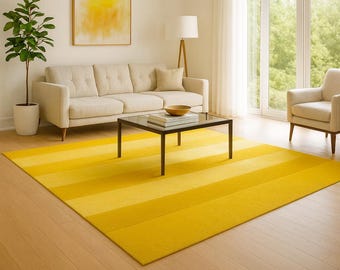 Handmade Yellow Striped Wool Area Rug: Modern Geometric Carpet