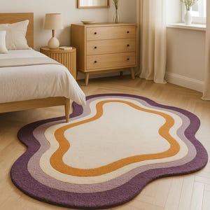 Modern Wavy Abstract Rug Cream Burnt Orange & Purple Accent Irregular Shape Area Rug for Living Room , Bedroom Retro Aesthetic Carpet