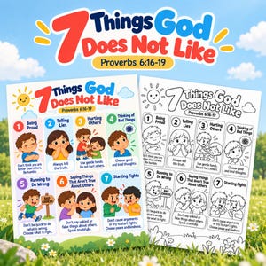 以下が含まれることがあります： 「7 Things God Does Not Like Proverbs 6:16-19」と題された2枚の教育用アクティビティシート。1枚はフルカラー、もう1枚は白黒の線画バージョンです。どちらも避けるべき行動を描いた7つの番号付きパネルで構成されています。