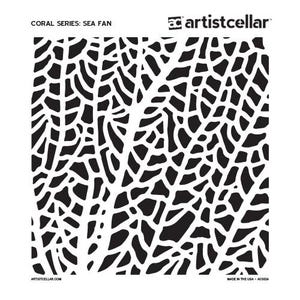 May include: Black and white stencil of a sea fan coral. The stencil is designed for use with paint or other mediums to create a decorative effect.