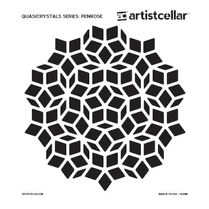 May include: Black and white geometric pattern design inspired by the Penrose tiling, a mathematical concept. The design is made up of repeating shapes that create a complex and intricate pattern. The pattern is called "Quasicrystals Series: Penrose" and is made in the USA.