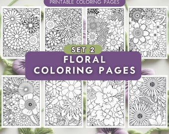Set 2 | 50 Flower Coloring Pages | Floral Coloring Pages | Relaxing Stress Relief Coloring| Printable Adult Coloring Page | Instant Download