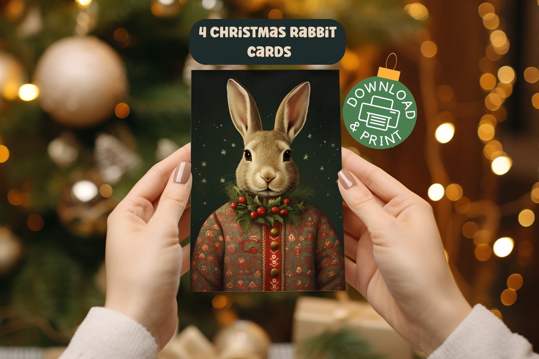 Vintage Rabbit Christmas Cards Printable Christmas Cards - Etsy