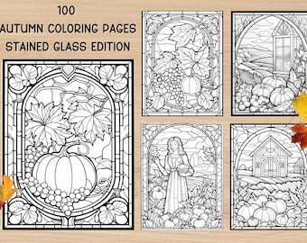 May include: Four black and white stained glass style coloring pages featuring autumn themes. The pages include a pumpkin vine, a woman in a field, a farmhouse, and a landscape with a window.
