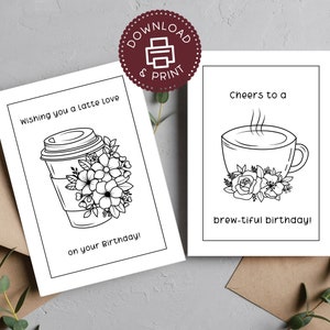 Set van 2 koffieverjaardagskaarten | Afdrukbare verjaardagskaarten | Kleurplaat Verjaardagskaarten | Minimalistische kaarten | Afdrukbare verjaardagskaart