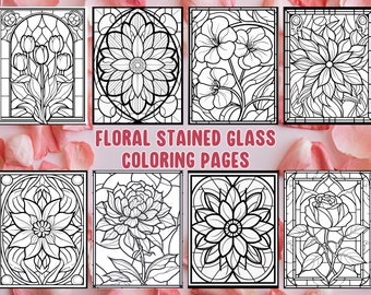 125 Floral Stained Glass Coloring Pages | Floral Coloring Pages | Relaxing Stress Relief Coloring| Printable Adult Coloring Pages