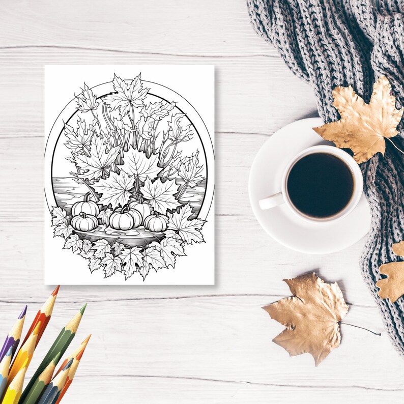 May include: A black and white illustration of a circle with pumpkins and leaves. The pumpkins are arranged in a circle around a small pond. The leaves are arranged around the pumpkins and pond.