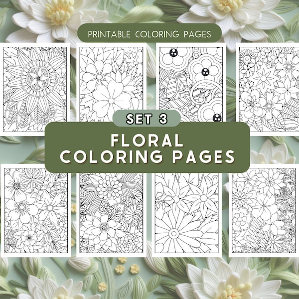 Set 3 | 50 Flower Coloring Pages | Floral Coloring Pages | Relaxing Stress Relief Coloring| Printable Adult Coloring Page | Instant Download