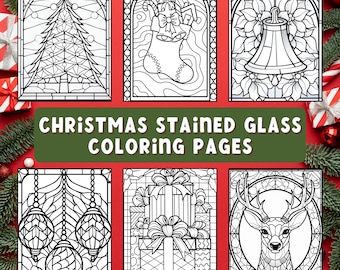 May include: Six black and white coloring pages featuring stained glass designs of Christmas themes. The designs include a Christmas tree, a stocking, a bell, ornaments, presents, and a reindeer.
