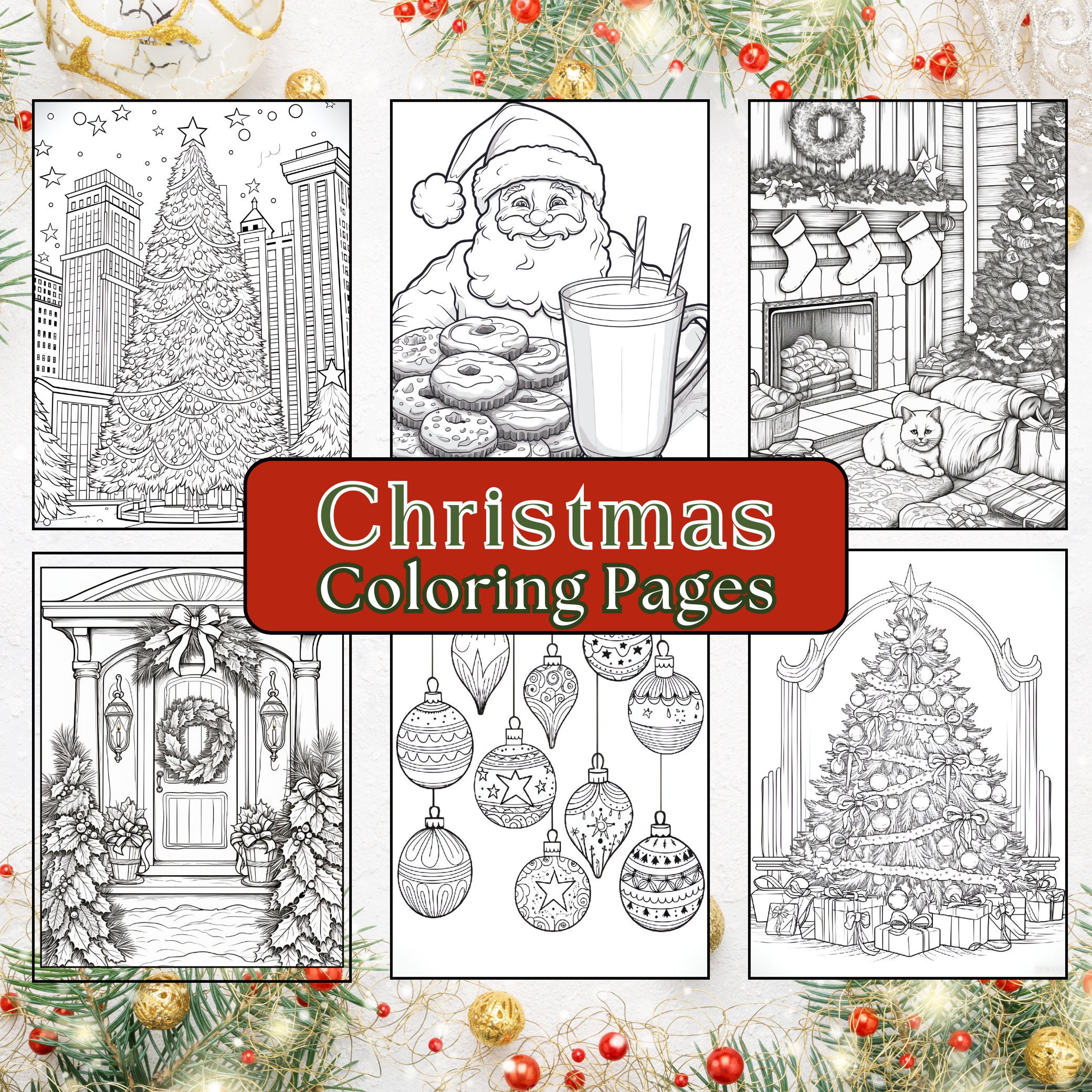 Christmas city coloring page. Christmas Fair on Town Square, street markets  and cute animals. Coloring book for children and adults Stock Vector