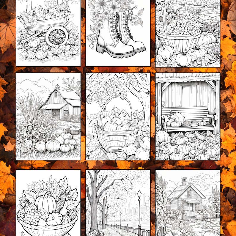 May include: A set of nine black and white coloring pages featuring autumn themes. The pages include images of pumpkins, baskets, boots, a farmhouse, and a city park.