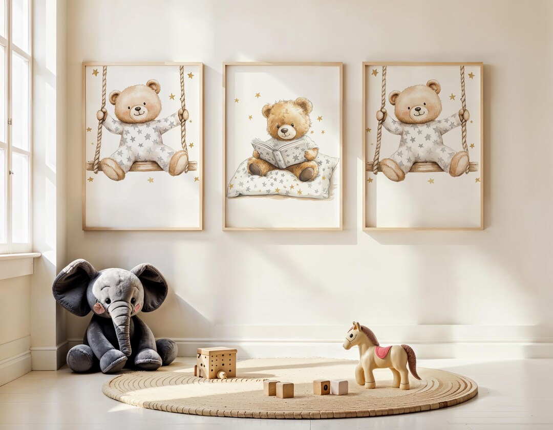 Neutral Nursery Wall Art, Teddy Bear Prints Baby Room Decor, SET 0f 3 ...