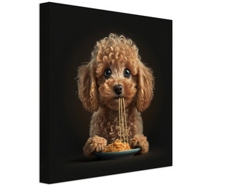 Charming Toy Poodle Canvas Art - Adorable Dog Enjoying Noodles, Perfect Wall Decor for Pet Lovers and Food Enthusiasts, Unique Gift Idea