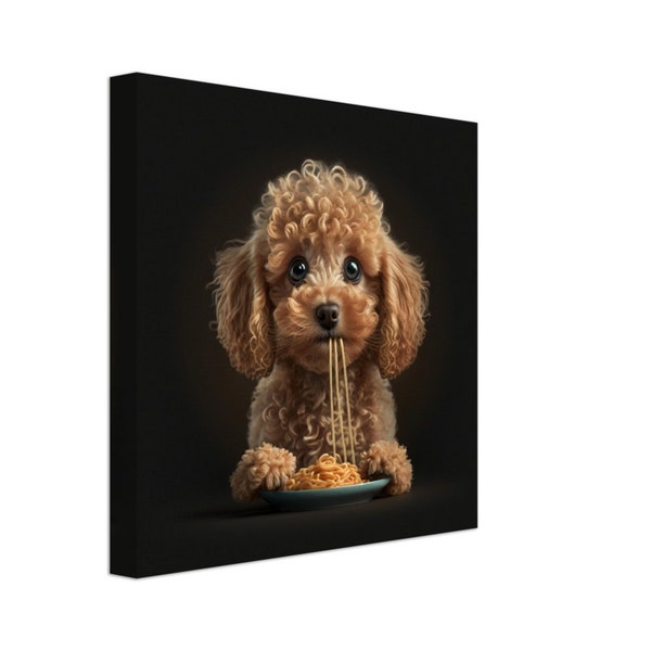 Art sur toile charmant caniche toy - adorable chien savourant des nouilles, décoration murale parfaite pour les amoureux des animaux de compagnie et les amateurs de nourriture, idée cadeau unique