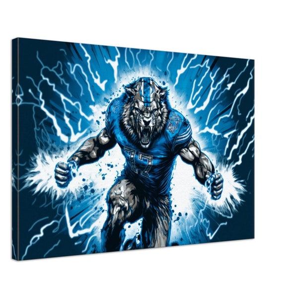 Detroit Lions Themed Lion Canvas Art - Majestic Lion Busting Through with Lightning, Dynamic Sports Team Wall Decor, Ideal Gift for Fans