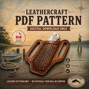 Pode incluir: Uma bainha de couro castanho para faca com um padrão geométrico texturizado e duas presilhas para cinto, contendo uma faca dobrável prateada. A imagem inclui o texto LEATHERCRAFT PDF PATTERN, DIGITAL DOWNLOAD ONLY e PERDIDO LEATHER GOODS.