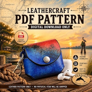 May include: A leathercraft PDF pattern for a blue and red gradient leather case with a silver snap button and a metal lobster clasp. The text reads LEATHERCRAFT PDF PATTERN, DIGITAL DOWNLOAD ONLY, INSTANT DOWNLOAD, PRINTABLE PDF, EASY TO FOLLOW, and PERDIDO GOODS.