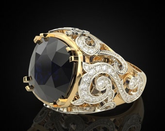 Black Cubic Zirconia Men's Ring: 925 Sterling Silver, Gold Overlay