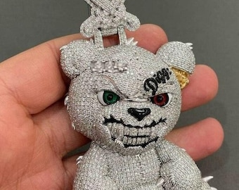 Colgante de oso de dibujos animados helado, joyería de hip hop de plata de ley 925