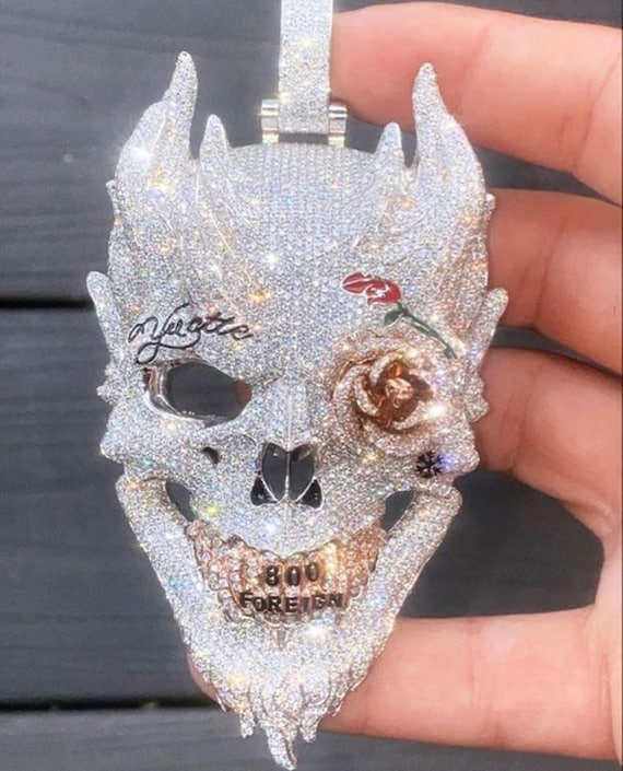 Iced Out Diamond Skull Pendant: 925 Sterling Silver, Cubic Zirconia - Main Image