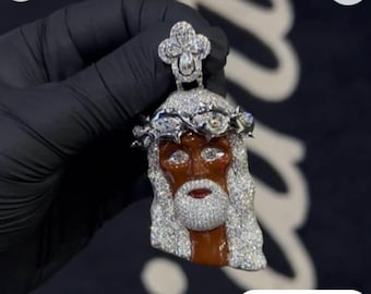 MEN 925 STERLING SILVER ICY BLING SILVER CZ JESUS FACE CHARM - Foto 5