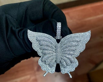 925 Sterling Silver Diamond Butterfly Pendant: Iced Out CZ Gemstone