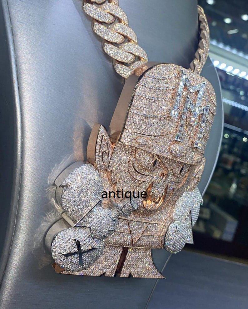 Handmade Iced Out Cartoon Pendant: 925 Sterling Silver Hip Hop