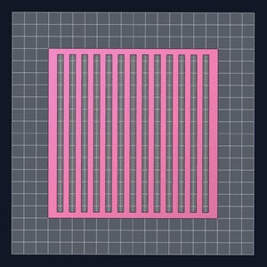 May include: A square stencil featuring a series of vertical pink bars of uniform width, arranged in a parallel pattern. The design consists of twelve vertical strips connected by a horizontal border at the top and bottom, creating a grid-like effect.
