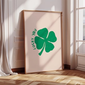 Lucky You wall print | Green and pink home decor, four leaf clover print luck retro wall art | Digital download wall print