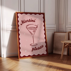 Martini Please kitchen wall prints | Pink and red print food alcohol retro wall art cocktail print | Digital download wall print bar cart