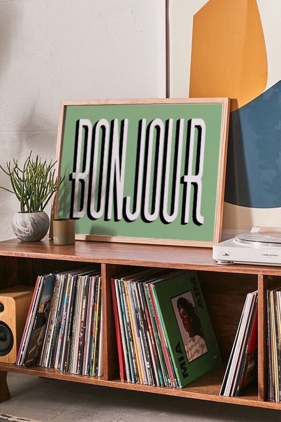 Bonjour wall prints | pink green red orange typography print motivational bold retro wall art | wall poster