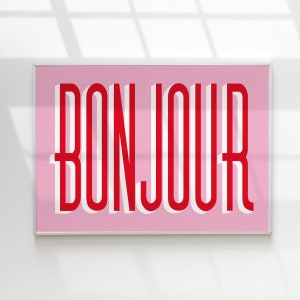 Bonjour Retro Print: Pink & Red Typography Wall Art (Digital Download