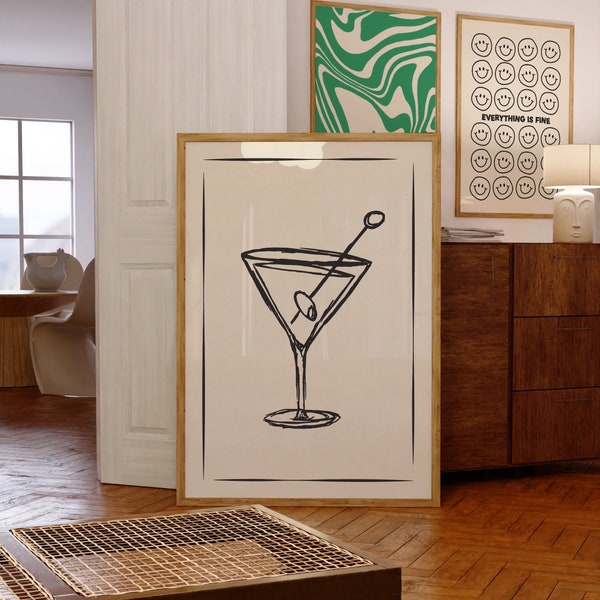 Martini kitchen wall prints | cream black and white print food alcohol retro wall art cocktail print | Digital download wall print bar cart