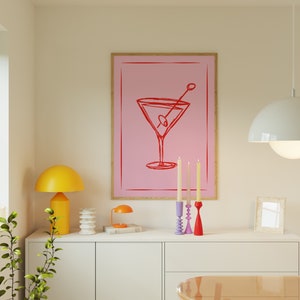 Martini kitchen wall prints | Red and Pink print food alcohol retro wall art cocktail print | Digital download wall print bar cart