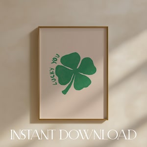 Lucky You Retro Four Leaf Clover Print | Lucky Shamrock Green & cream Wall Art (Digital Download)